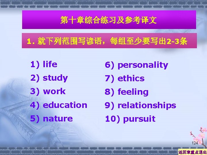 第十章综合练习及参考译文 1. 就下列范围写谚语，每组至少要写出 2 -3条 1) life 6) personality 2) study 7) ethics 3)