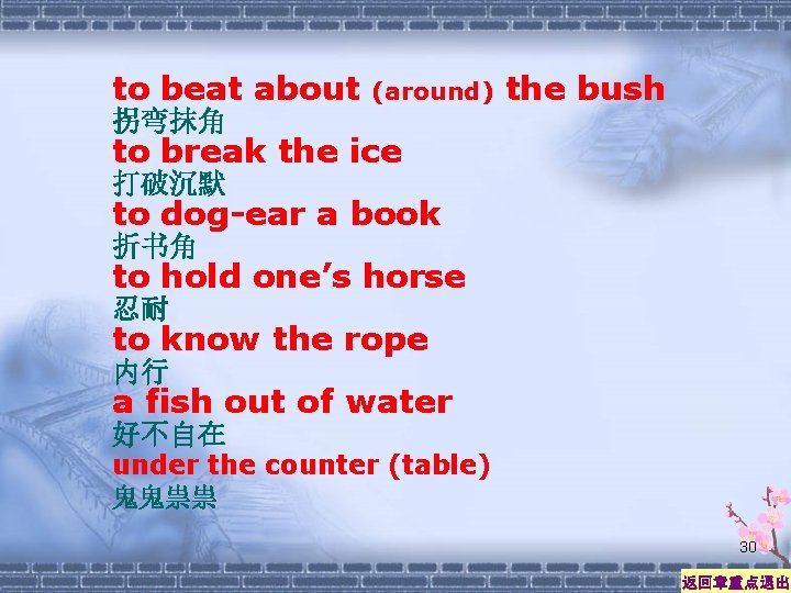 to beat about (around) 拐弯抹角 the bush to break the ice 打破沉默 to dog-ear