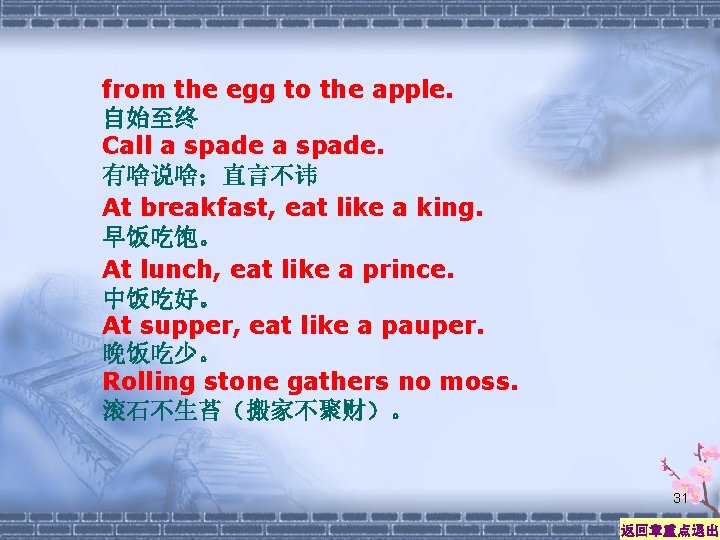 from the egg to the apple. 自始至终 Call a spade. 有啥说啥；直言不讳 At breakfast, eat