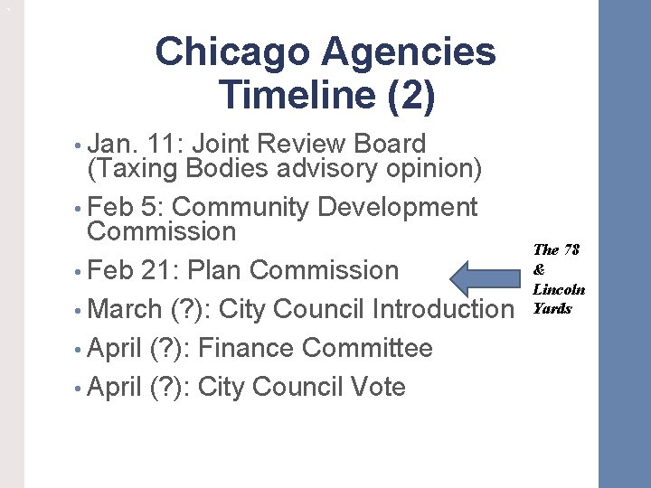 ` Chicago Agencies Timeline (2) • Jan. 11: Joint Review Board (Taxing Bodies advisory
