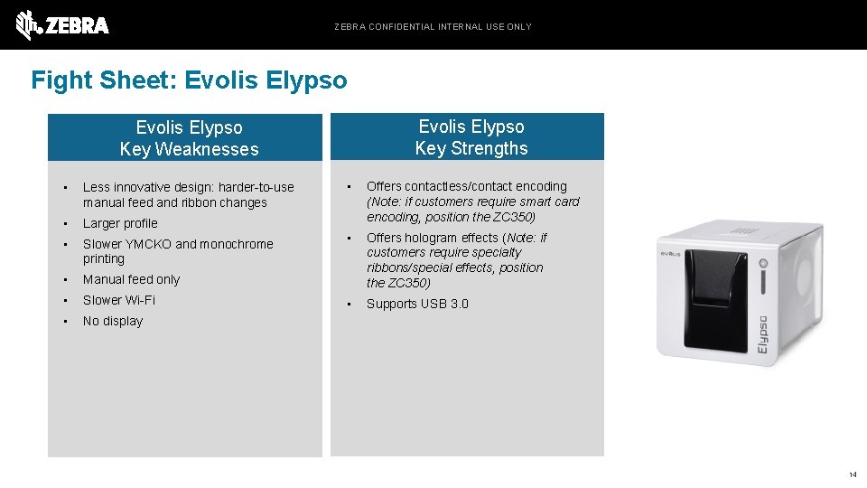 ZEBRA CONFIDENTIAL INTERNAL USE ONLY Fight Sheet: Evolis Elypso Key Strengths Evolis Elypso Key