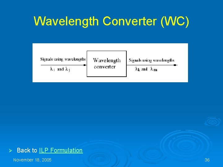 Wavelength Converter (WC) Ø Back to ILP Formulation November 18, 2005 36 