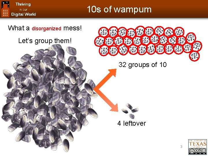 10 s of wampum What a disorganized mess! Let’s group them! 32 groups of 10 s of wampum What a disorganized mess! Let’s group them! 32 groups of