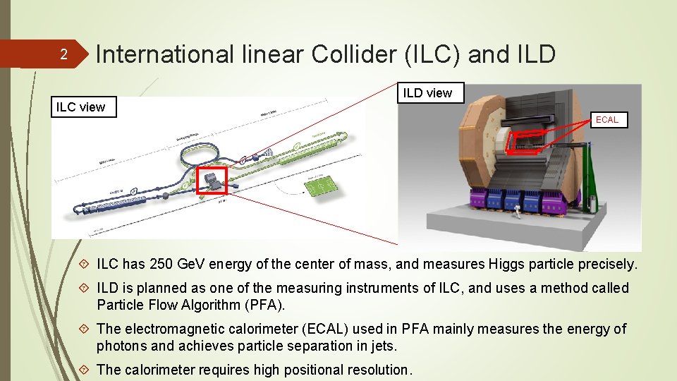 2 International linear Collider (ILC) and ILD ILC view ILD view ECAL ILC has