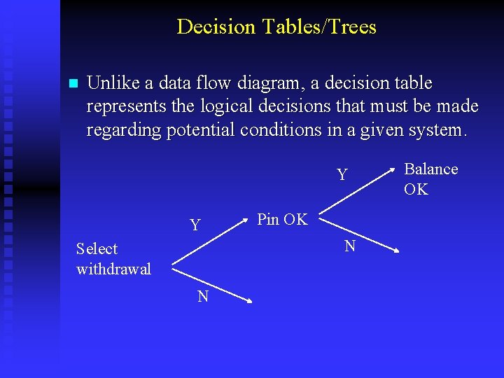 Decision Tables/Trees n Unlike a data flow diagram, a decision table represents the logical