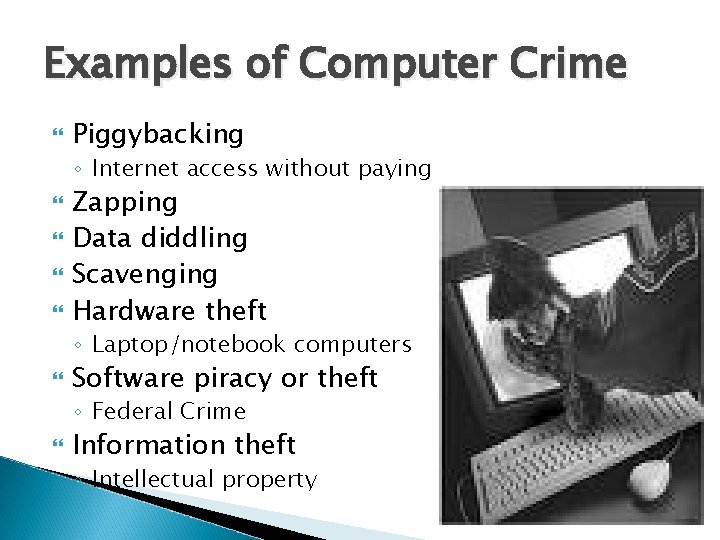 Examples of Computer Crime Piggybacking ◦ Internet access without paying Zapping Data diddling Scavenging