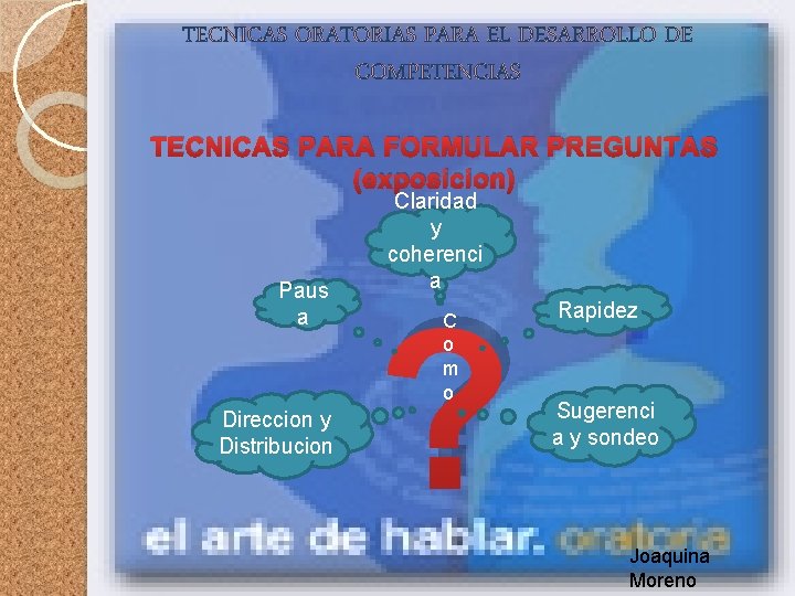 TECNICAS ORATORIAS PARA EL DESARROLLO DE COMPETENCIAS TECNICAS PARA FORMULAR PREGUNTAS (exposicion) Paus a