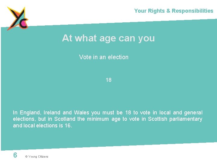 Your Rights & Responsibilities At what age can you Vote in an election 18