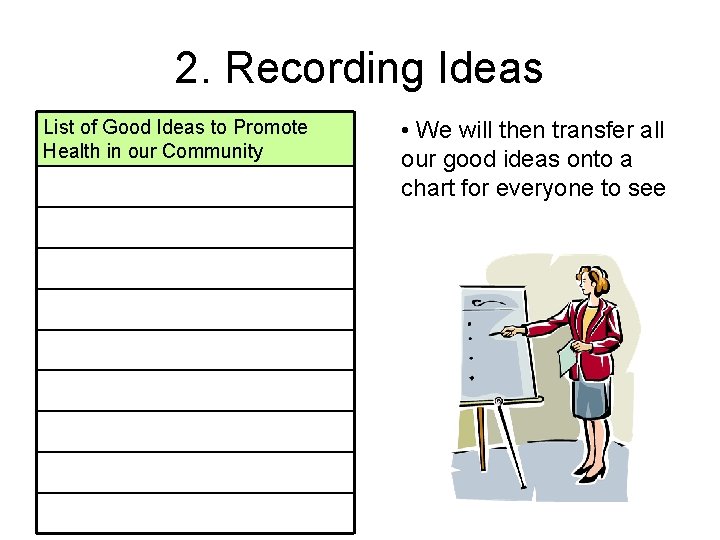 2. Recording Ideas List of Good Ideas to Promote Health in our Community •