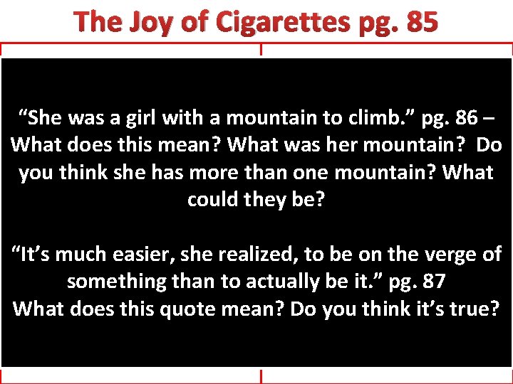 The Joy of Cigarettes pg. 85 The Text Says… I Say… She is finding