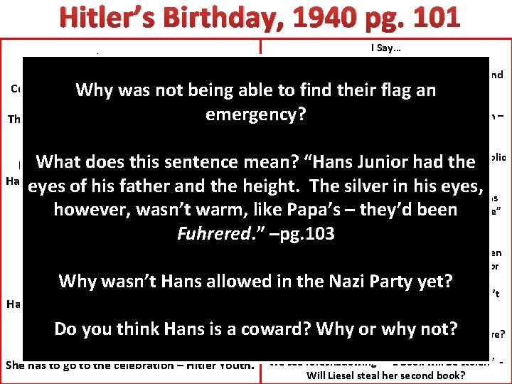 Hitler’s Birthday, 1940 pg. 101 I Say… The Text Says… National holiday – You