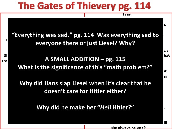 The Gates of Thievery pg. 114 The Text Says… Liesel sits and looks over