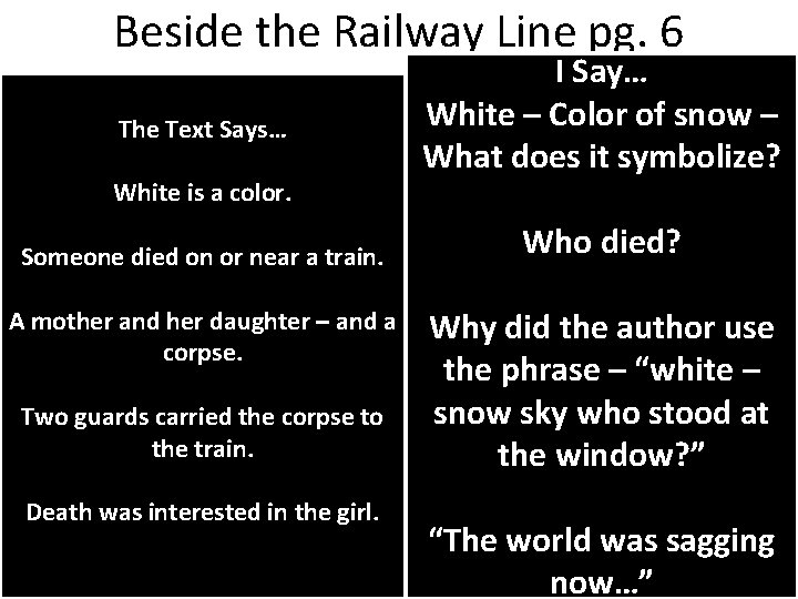 Beside the Railway Line pg. 6 The Text Says… White is a color. Someone