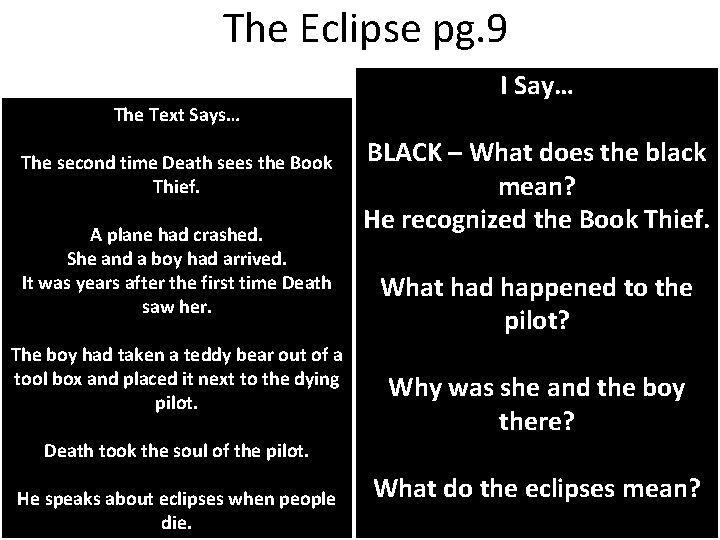 The Eclipse pg. 9 I Say… The Text Says… The second time Death sees