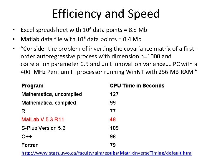 Efficiency and Speed • Excel spreadsheet with 106 data points = 8. 8 Mb