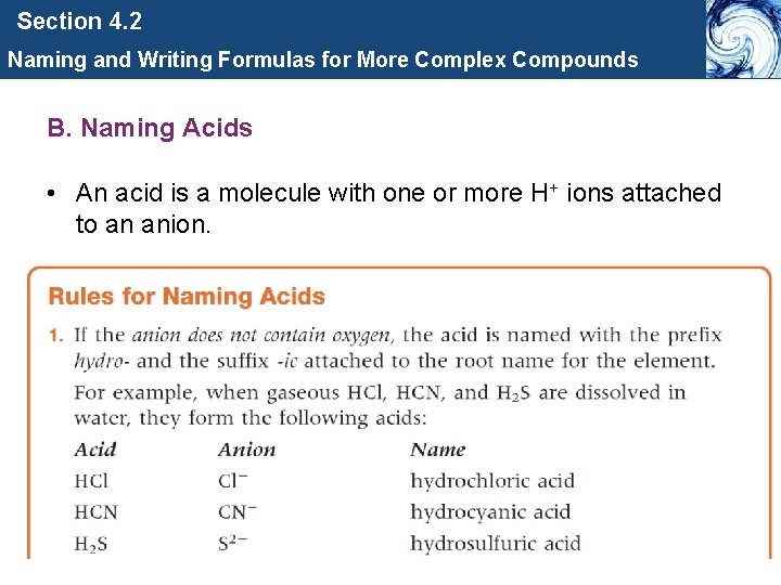 Section 4. 2 Naming and Writing Formulas for More Complex Compounds B. Naming Acids
