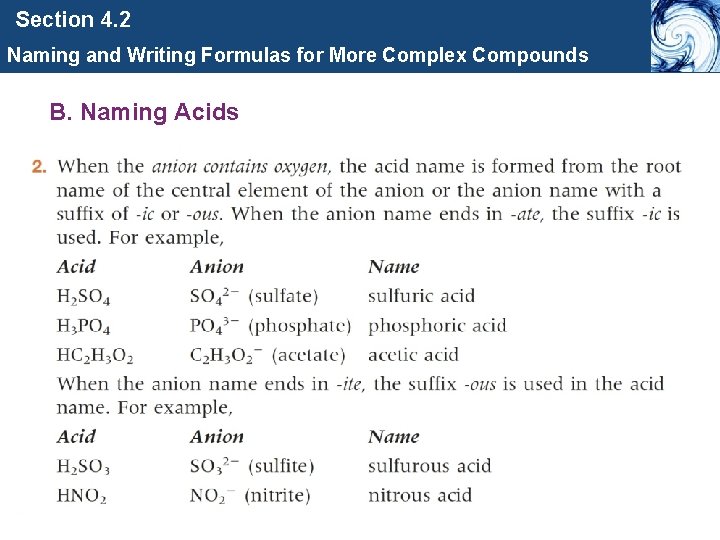 Section 4. 2 Naming and Writing Formulas for More Complex Compounds B. Naming Acids