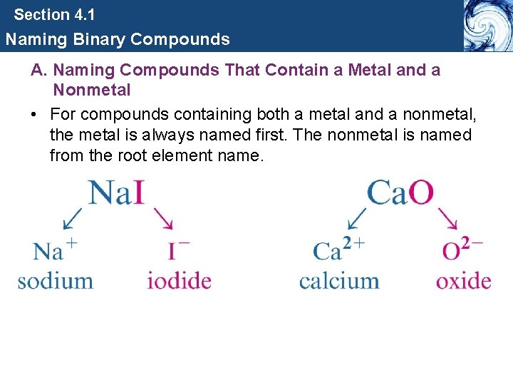 Section 4. 1 Naming Binary Compounds A. Naming Compounds That Contain a Metal and
