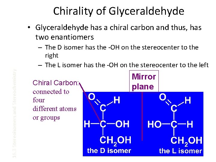 Chirality of Glyceraldehyde 16. 3 Stereoisomers and Stereochemistry • Glyceraldehyde has a chiral carbon