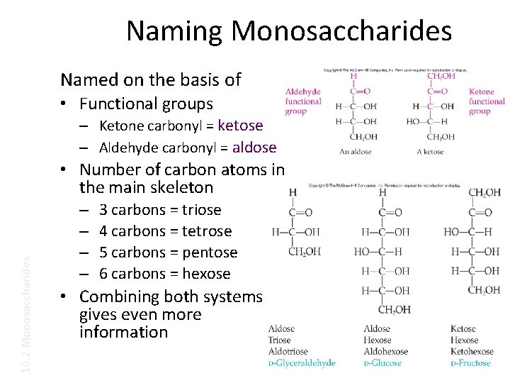 Naming Monosaccharides Named on the basis of • Functional groups – Ketone carbonyl =
