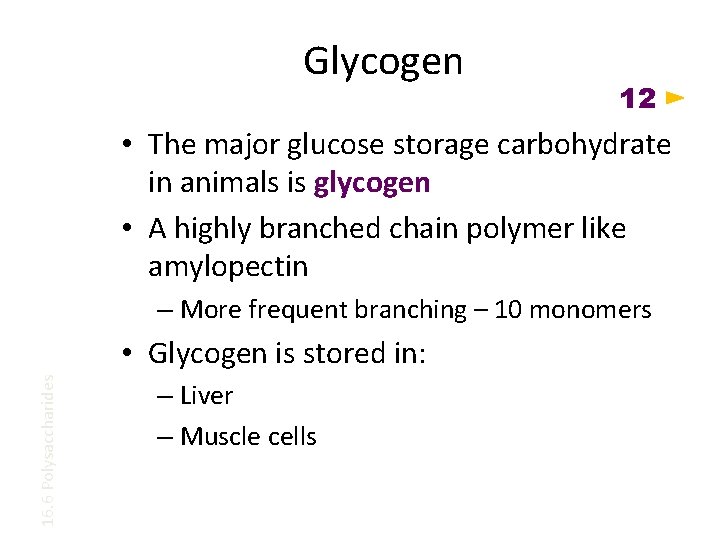 Glycogen 12 • The major glucose storage carbohydrate in animals is glycogen • A