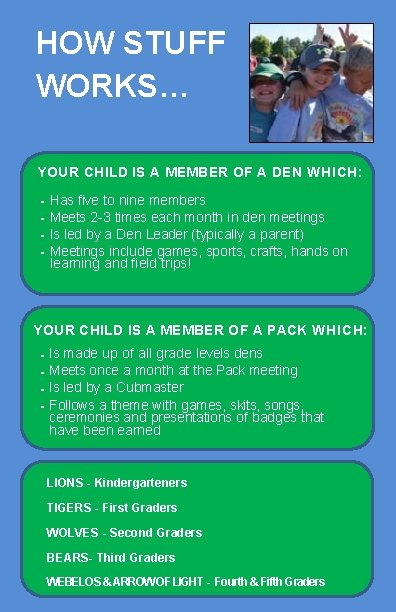 HOW STUFF WORKS… YOUR CHILD IS A MEMBER OF A DEN WHICH: • •
