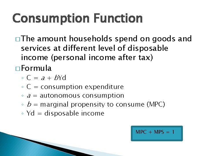 Consumption Function � The amount households spend on goods and services at different level