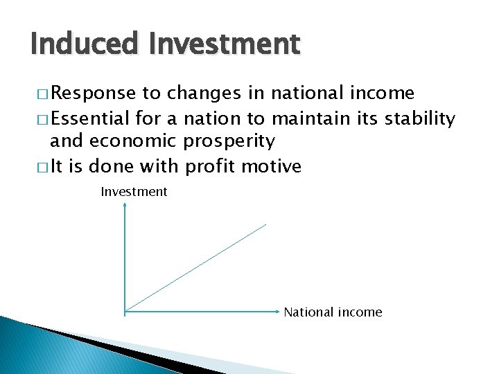 Induced Investment � Response to changes in national income � Essential for a nation