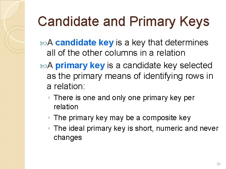 Candidate and Primary Keys A candidate key is a key that determines all of