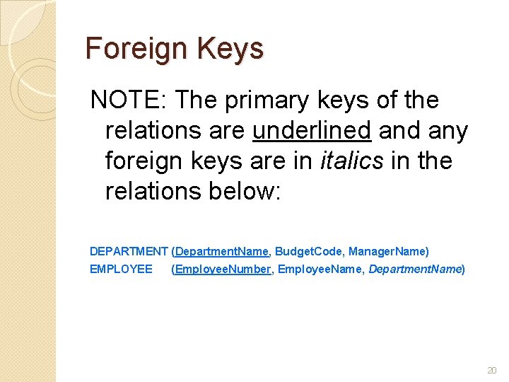 Foreign Keys NOTE: The primary keys of the relations are underlined any foreign keys