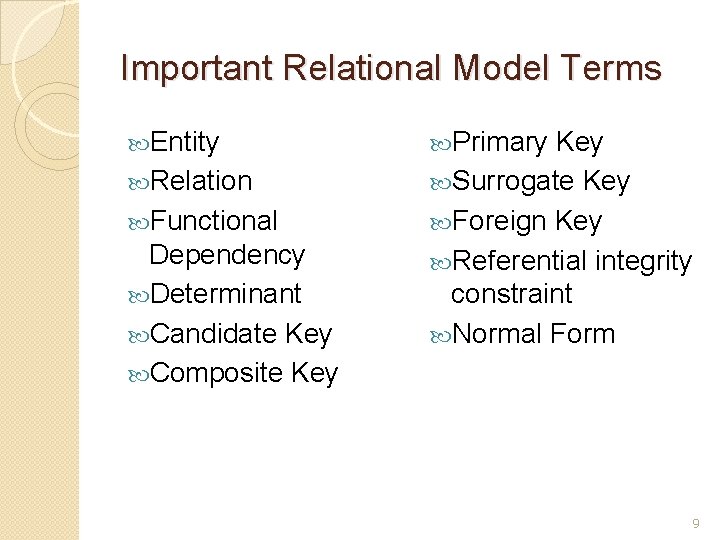 Important Relational Model Terms Entity Relation Functional Dependency Determinant Candidate Key Composite Key Primary