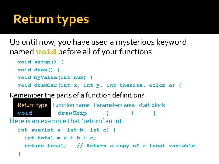 Return types Up until now, you have used a mysterious keyword named void before