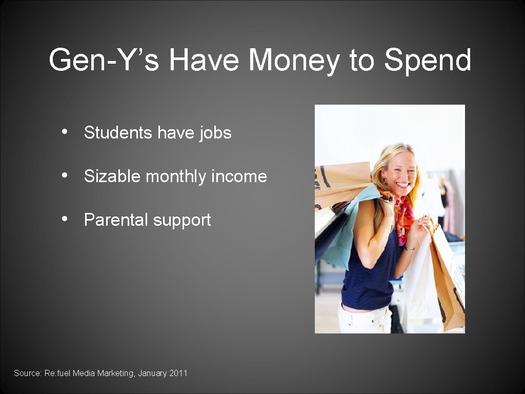 Gen-Y’s Have Money to Spend • Students have jobs • Sizable monthly income •