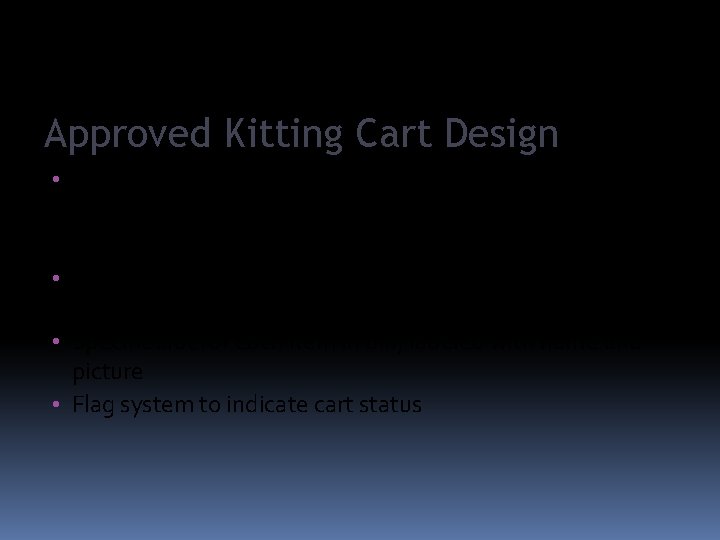 Approved Kitting Cart Design • Two rolling cantilever carts labeled by contract # –