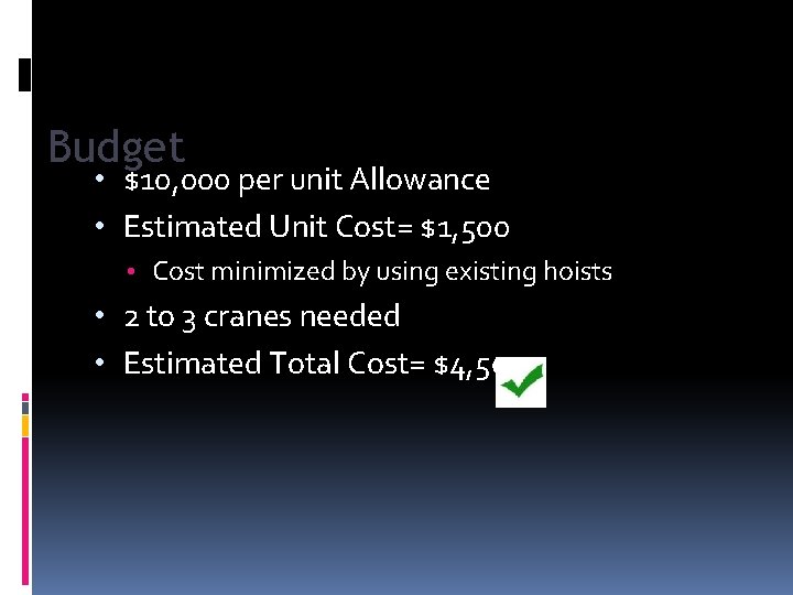 Budget • $10, 000 per unit Allowance • Estimated Unit Cost= $1, 500 •