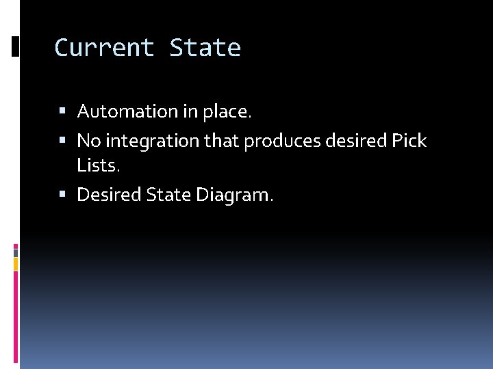 Current State Automation in place. No integration that produces desired Pick Lists. Desired State
