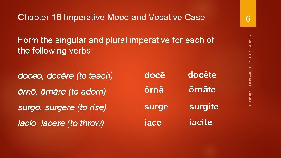 Chapter 16 Imperative Mood and Vocative Case doceo, docēre (to teach) docēte ōrnō, ōrnāre