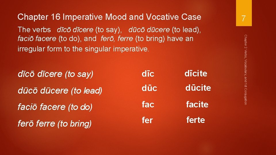 Chapter 16 Imperative Mood and Vocative Case dīcō dīcere (to say) dīcite dūcō dūcere