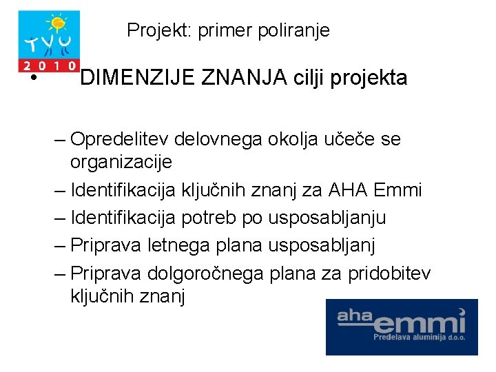 Projekt: primer poliranje • DIMENZIJE ZNANJA cilji projekta – Opredelitev delovnega okolja učeče se