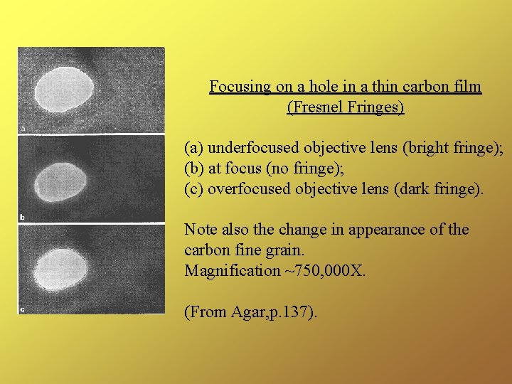 Focusing on a hole in a thin carbon film (Fresnel Fringes) (a) underfocused objective
