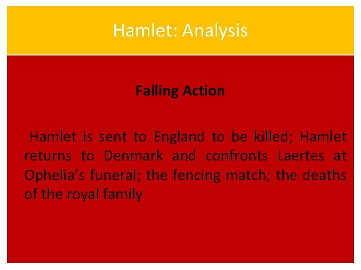 Hamlet: Analysis Falling Action Hamlet is sent to England to be killed; Hamlet returns