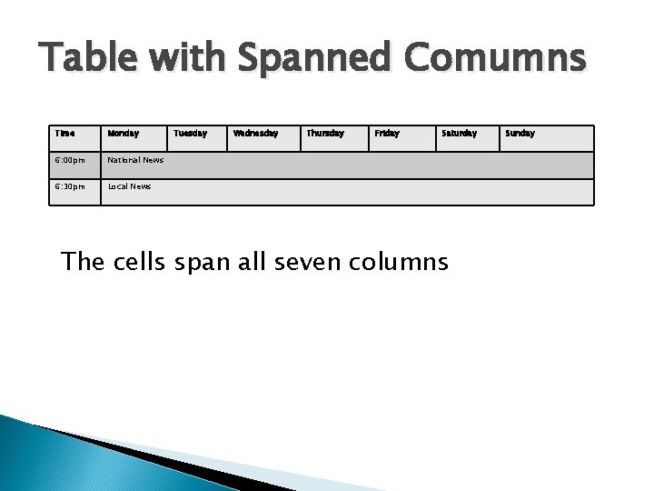 Table with Spanned Comumns Time Monday 6: 00 pm National News 6: 30 pm Table with Spanned Comumns Time Monday 6: 00 pm National News 6: 30 pm