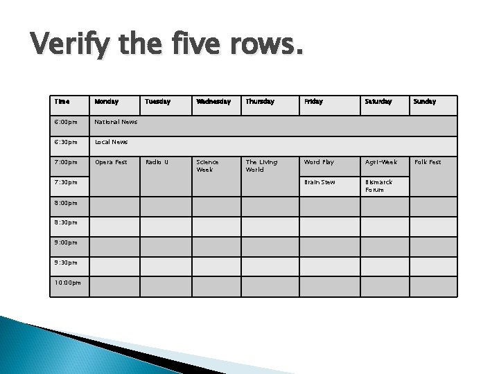 Verify the five rows. Time Monday 6: 00 pm National News 6: 30 pm Verify the five rows. Time Monday 6: 00 pm National News 6: 30 pm