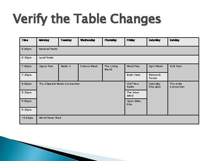 Verify the Table Changes Time Monday 6: 00 pm National News 6: 30 pm Verify the Table Changes Time Monday 6: 00 pm National News 6: 30 pm
