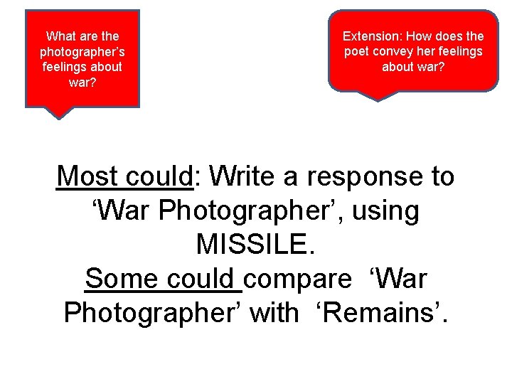 What are the photographer’s feelings about war? Extension: How does the poet convey her