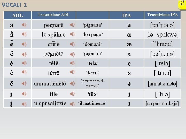 VOCALI 1 ADL a å e ě é è ë i ị Trascrizione ADL