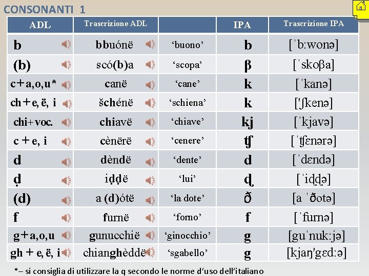 CONSONANTI 1 ADL Trascrizione ADL IPA Trascrizione IPA bbuónë ‘buono’ scó(b)a ‘scopa’ c +