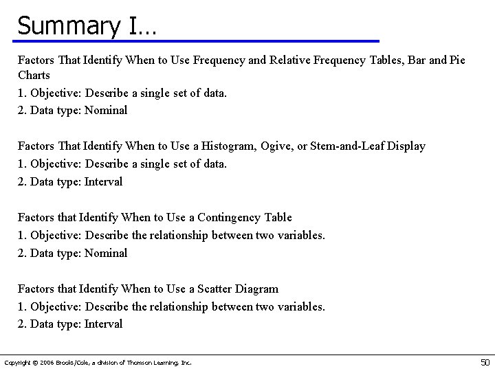 Summary I… Factors That Identify When to Use Frequency and Relative Frequency Tables, Bar