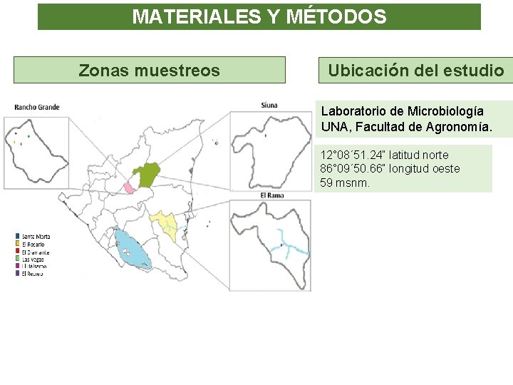 MATERIALES Y MÉTODOS Zonas muestreos Ubicación del estudio Laboratorio de Microbiología UNA, Facultad de