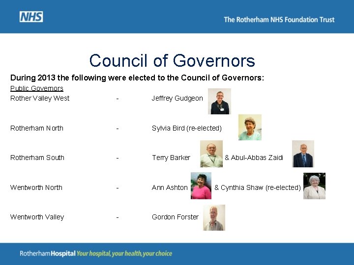 Council of Governors During 2013 the following were elected to the Council of Governors: